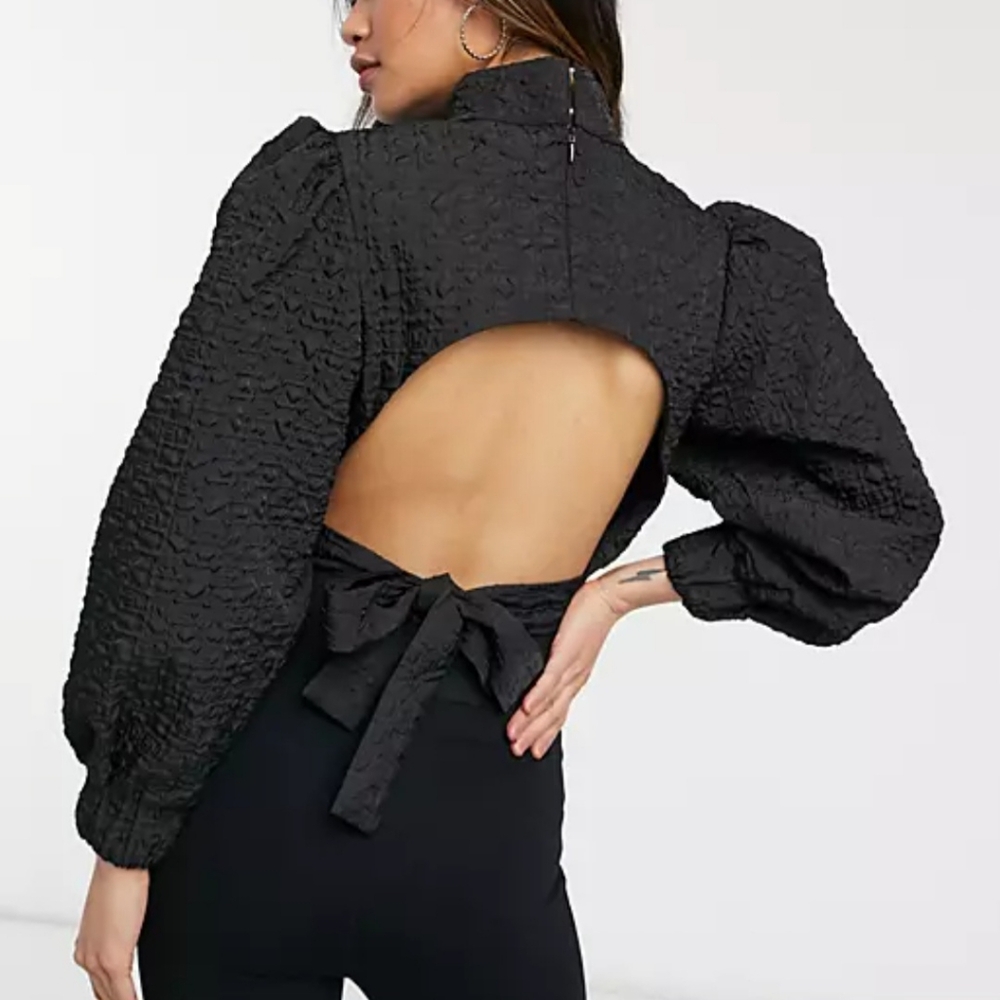 New Ghospell Black Cocoon Sleeve Backless Blouse with Bow‎ Crop Top Blouse Large